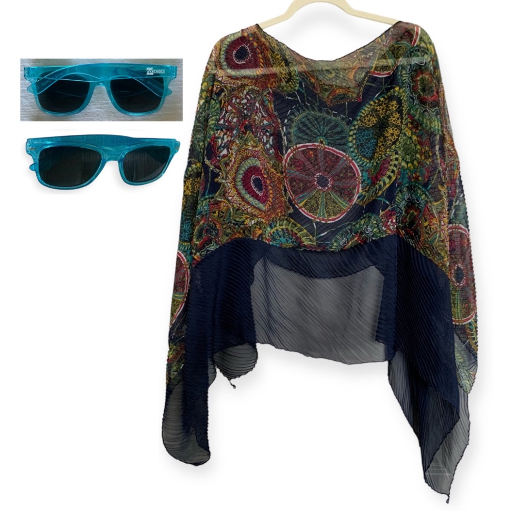 Pleated Dark Blue Multicolored Coverup for swimwear OS & Sunglasses